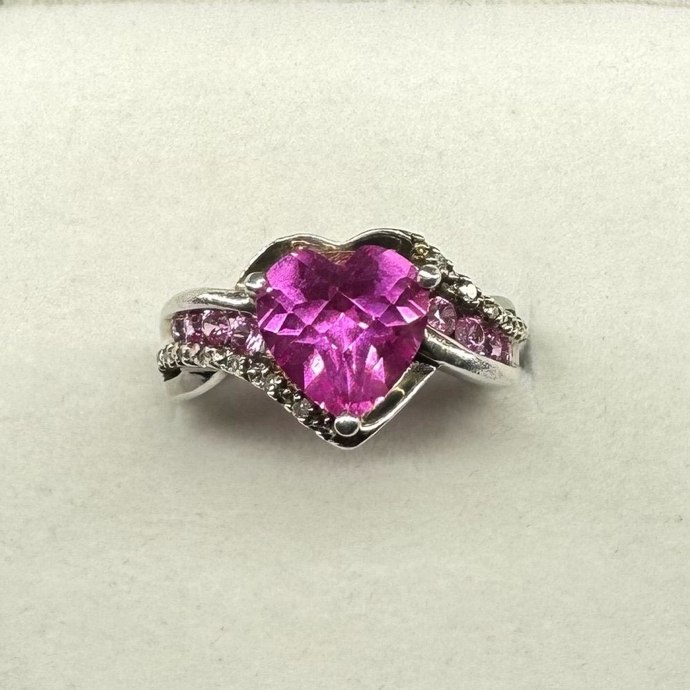 Pink Sapphire & Diamonds & Topaz 925 Sterling Silver Ring Size 5.5